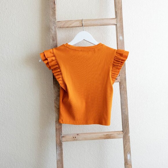 Zara Top Sz M Orange Ribbed Tiered Ruffled Cap Short Sleeve Cropped Stretchy - Picture 5 of 5